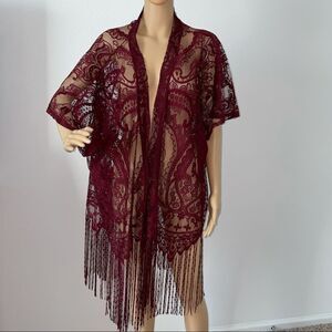 Emerette Short Sleeve Lace Kimono With Fringe Burgundy / Wine Colored Size Small